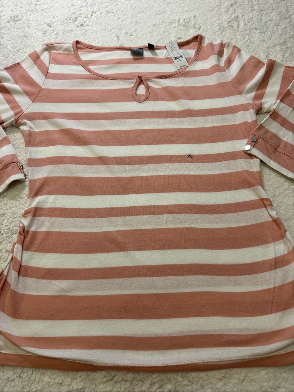 Soho Peach and White Striped Keyhole Sleeve-Tab Blouse
